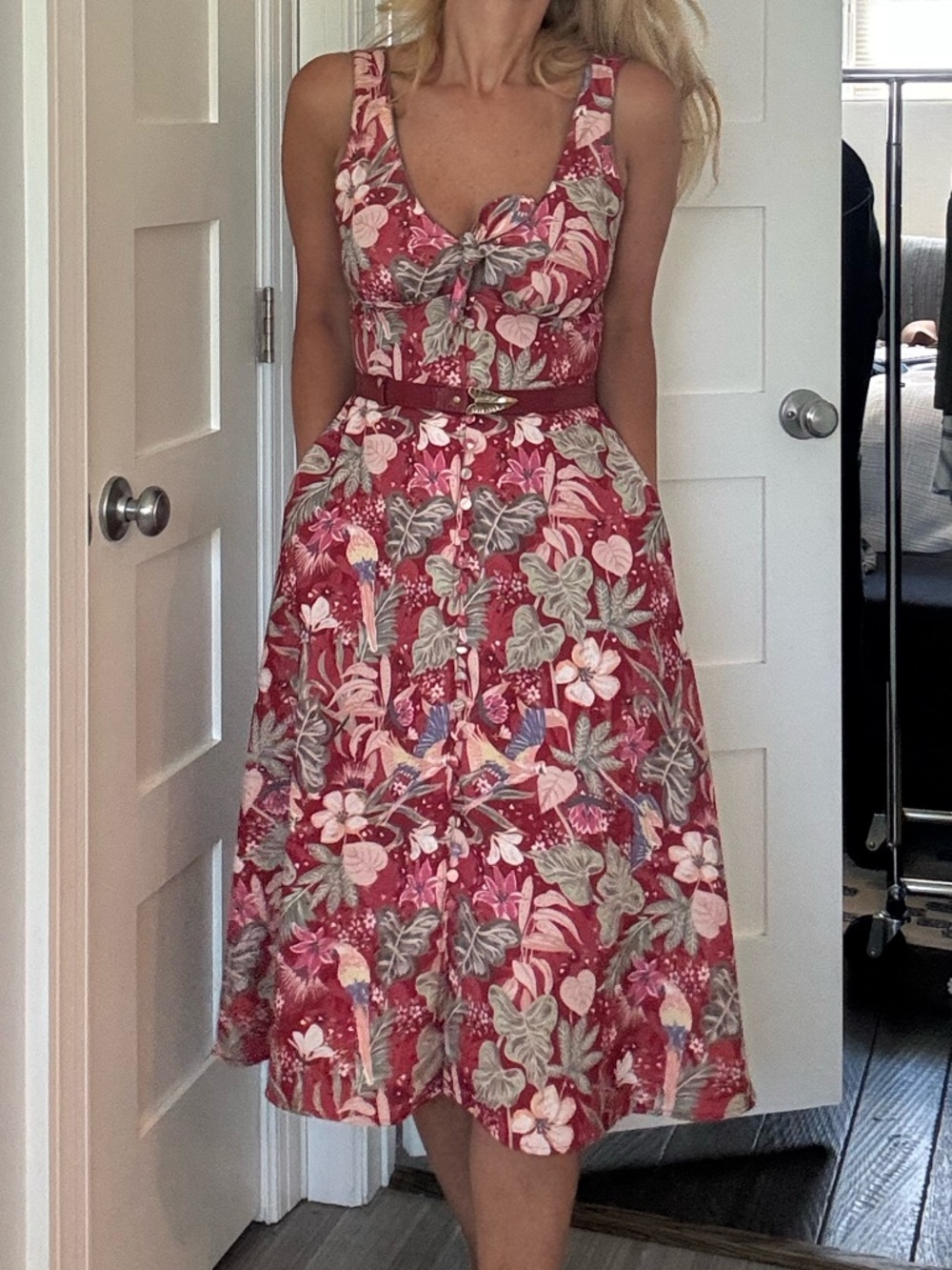 Antix Brazil Tropical Bird Print Fit Flare Midi Dress Belted Small